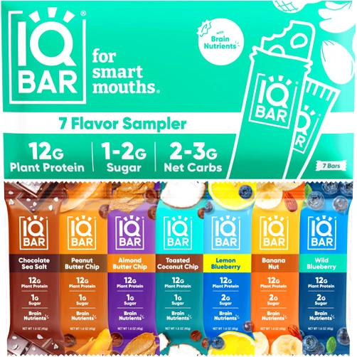 IQBAR Brain and Body Plant Protein Bars - 7 Bar Sampler Pack - Low Carb, High Fiber, Gluten Free, Healthy Vegan Snacks - Low Sugar Keto Energy Bars