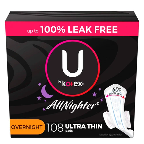 U by Kotex AllNighter Overnight Feminine Pads with Wings, Ultra Thin, 108 Count (3 Packs of 36) (Packaging May Vary)