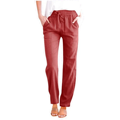 Vrvtoov Women's Casual Linen Cotton Pants Solid Color Drawstring Straight Leg Trousers Spring Summer Pants for Beach Vacation