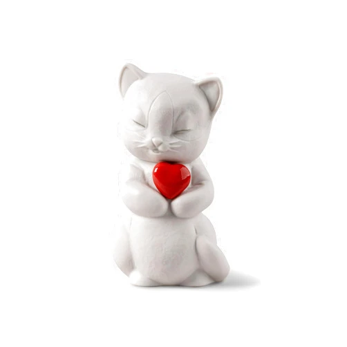LLADRÓ Porcelain Figure Whiskers-Playful Cat from The Lovely World Collection Dedicated to Love. Decorative Figure of a Cat in Matte White Porcelain with a Red Heart