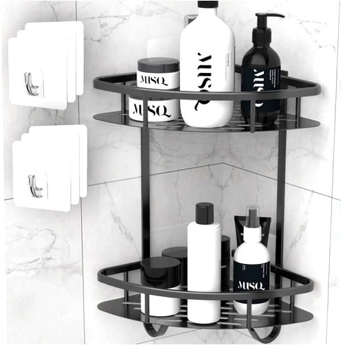 Flowmist Shower Caddy Corner Shelf, 2 Tiers Shower Organizer, No Drilling Wall Mounted Aluminum Adhesive Shower Shelf, Storage Rack for Toilet, Shampoo, Dorm and Kitchen Black