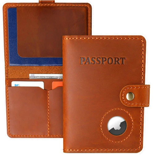 Enwaen Full Grain Leather Passport Holder with AirTag, Travel Passport Wallet and Air Tag Cover for Men and Women, with 4 Card Holder