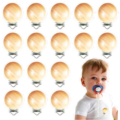REDANHA 16 Pieces Wood Pacifier Clips Teething Grasping Toy Suspender Clips Natural Beech Wood Pacifier Clip Holder Charm DIY Pacifier Clips Chain Accessories