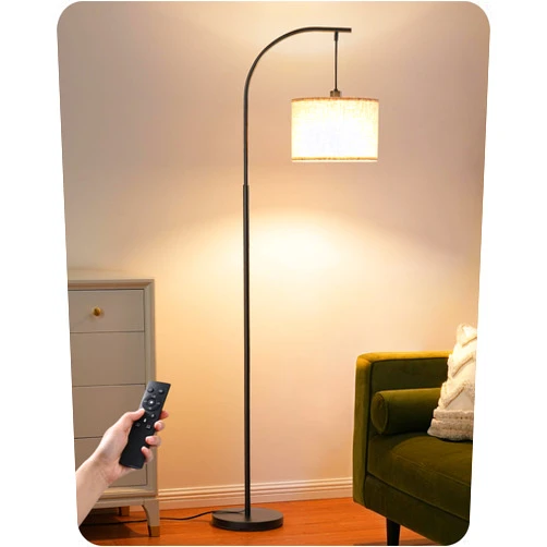 EDISHINE Modern Arc Floor Lamp with Beige Linen Drum Shade & Heavy Base, Dimmable Black Reading Light, Remote Control Bulb Included, Tall Standing Lamp for Reading, Office, Lighting