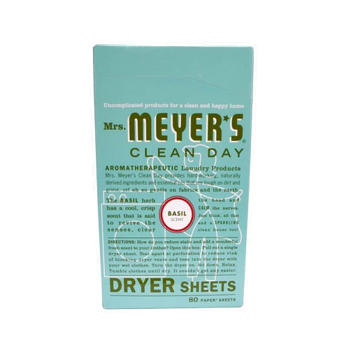 MRS. MEYER'S CLEAN DAY Dryer Sheets, Fabric Softener, Reduces Static, Infused with Essential Oils, Basil, 80 Count