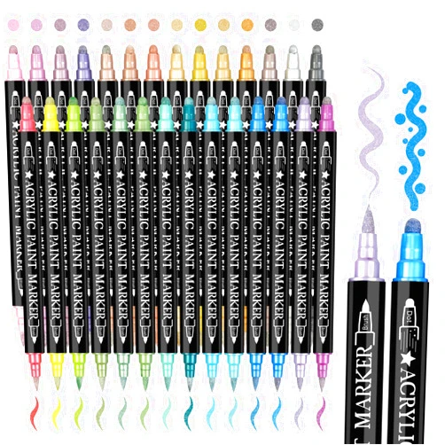 Drawnby 28 Metallic Colors Dual Tip Acrylic Paint Markers, Brush Tip and Dot Tip Premium Acrylic Paint Pens for Wood, Canvas, Stone, Rock Painting, Glass, Ceramic, DIY Crafts Making Art Supplies