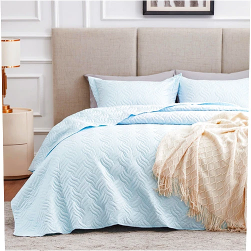 Love's cabin Quilts for Queen Bed Light Blue Bedspreads - Soft Bed Summer Quilt Lightweight Microfiber Bedspread- Modern Style Wave Pattern Coverlet for All Season - 3 Piece (1 Quilt, 2 Pillow Shams)