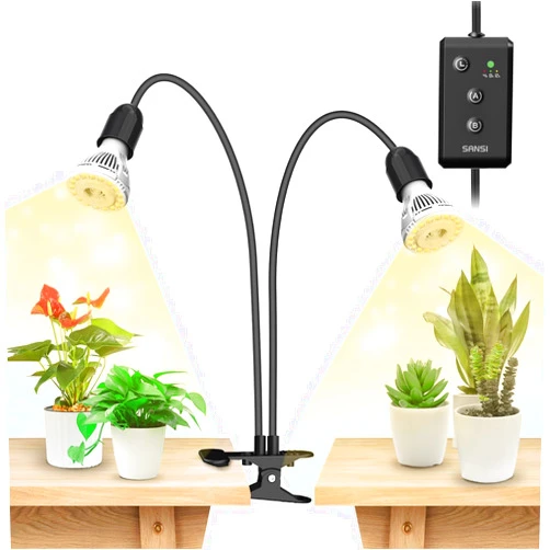SANSI LED Grow Lights for Indoor Plants, Lifetime Free Bulb Replacement, 300W Full Spectrum Dual Gooseneck Clip Plant Grow Light, Plant Light with Timer 4/8/12 Hrs, High PPFD Growing Power Grow Lamp