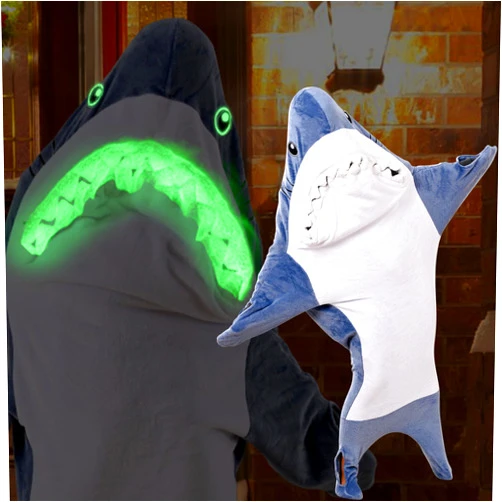 Tailwaggz Glow in The Dark Shark Blanket for Adult, Shark Costume with Shiny Eyes and Teeth, Shark Onesie as Gift for Lover, Shark Hoodie for Girls, Shark Sleeping Bag, L Size for 55-63 Inch Height