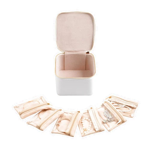 Frebeauty Small Travel Jewelry Box,Travel Jewelry Case with 6 Pouch Bags,Portable Travel Jewelry Organizer,Mini Jewelry Storage,3.35 x 4.9 x 4.8 Inches,Gift Idea for Women Girls (White)
