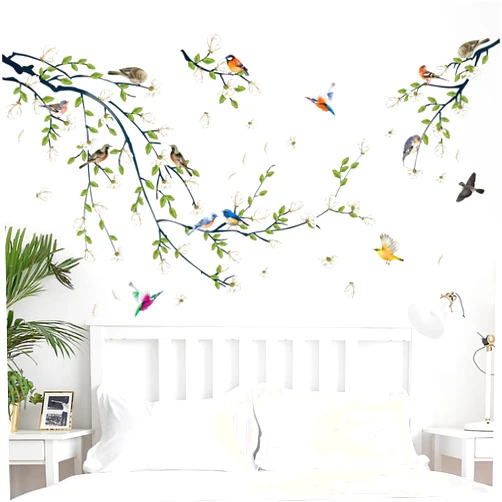 DRWSSR Green Vine Wall Decal White Flowers and Birds on Branch Natural View Wall Sticker DIY Detachable Peel and Stick Wall Art Mural for Living Room Bedroom offcie Home Decor
