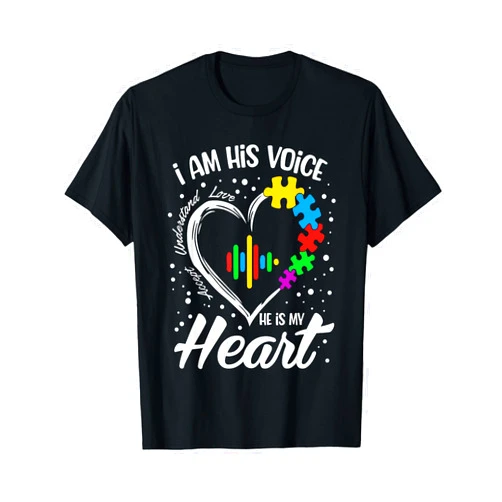 Autism Awareness Shirt for Men Women Kids Autism Awareness Mom Shirt I Am His Voice He is My Heart T-Shirt