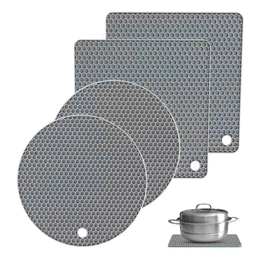 Gaiamat Silicone Trivet Mats, 4 Pack 2 Shape(2 Squared+2 Round) Heat Resistant Pot Holders Set, Silicone Table Mats Large Coasters for Kitchen Counter, Tables, Hot Dishes, Hot Pats, Pans(Grey)