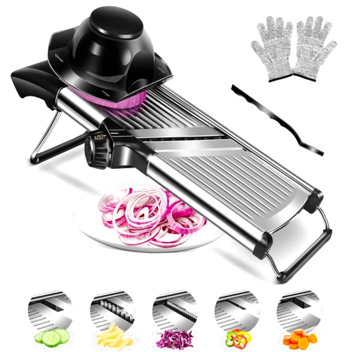MASTERTOP Adjustable Mandoline Food Slicer Vegetable Slicer Fruit Cutter Stainless Steel Kitchen Julienne Slicer For Kitchen Waffle Fry Cut Potato Chip Vegetable Onion Cheese French Fry