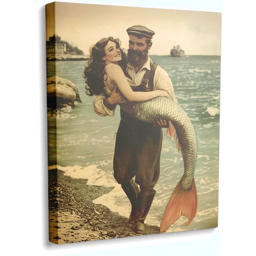 Generic Vintage Mermaid Sailor Wall Art,Fisherman Aesthetic,Mermaid And Fisherman Poster,Antique Nautical Coastal Decor,Retro Dark Nautical Canvas Print,Quirky Bathroom Print (Frame-style, 24x36inch(60x90cm))
