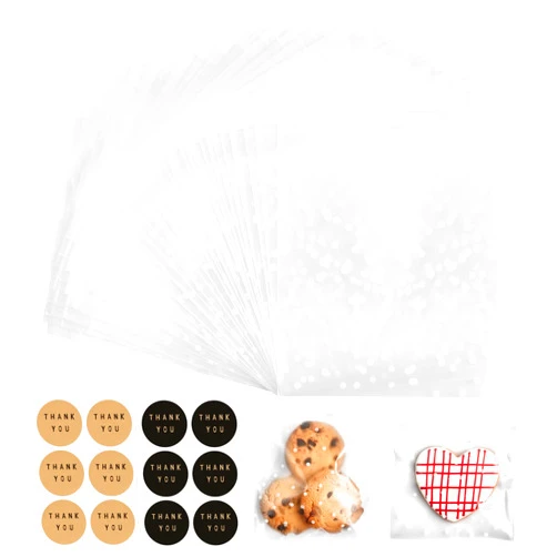 Zezzxu 200 Pack White Polka Dot Cookie Bags with Thank You Stickers, Self Adhesive Treat Bag Plastic Cellophane Pastry Bags for Packaging Candy Party Favor (4 x 4 Inches)