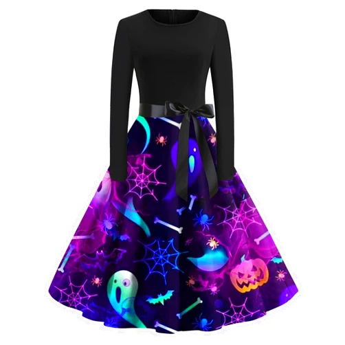 Generic Women's Halloween Vintage Pumpkin Dress Printed New Pattern Long Sleeved Women's Cool Fall Halloween Party Hem Dress
