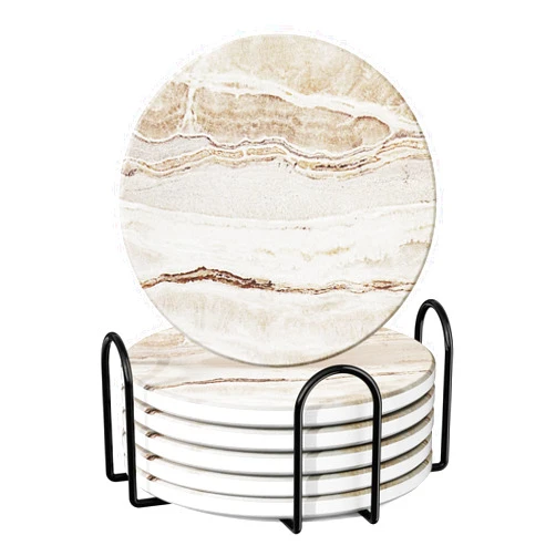 Lazebox Coasters Set of 6 for Drinks, Beer, Coffee, Coasters for Drinks Absorbent Stone with Holder, Marble Style Ceramic Drink Coaster for Tabletop Protection and Home Decor, Suitable for Kinds of Cups