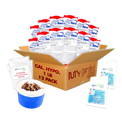 My Garden Pool Drytec Calcium Hypochlorite Pool Shock 1 lb. 68% Bag, 12 Pack, Complete Pool Care Kit with My Garden Pool Skimmer Sock and 7-in-1 Test Strips, 40 ct. – Powerful Chlorine Shock for Clear Swimming Water