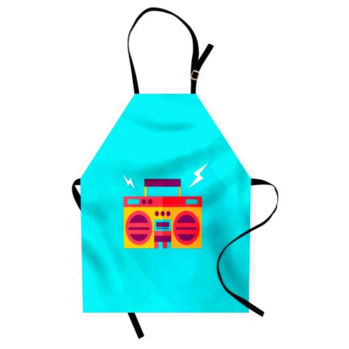 Lunarable Music Apron, Ghetto Blaster Audio Retro Boombox with a Long Shadow, Unisex Kitchen Bib with Adjustable Neck for Cooking Gardening, Adult Size, Turquoise Marigold