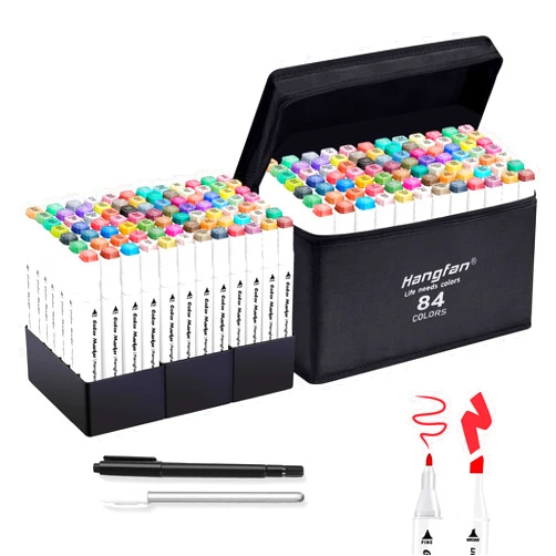 HOMSAILMO Art Markers, 84 Colors Artist Alcohol Dual Broad&Fine Tip Permanent Markers and 2 Outline Pen Set with Case for Adults Kids Coloring Drawing Sketching Designing Marking White