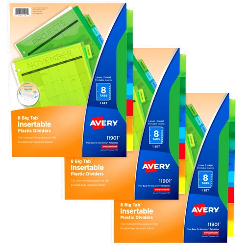 Avery Dividers for 3 Ring Binders, 8-Tab Binder Dividers, Plastic Binder Dividers, Insertable Big Tabs, Multicolor, 3 Sets (71901)