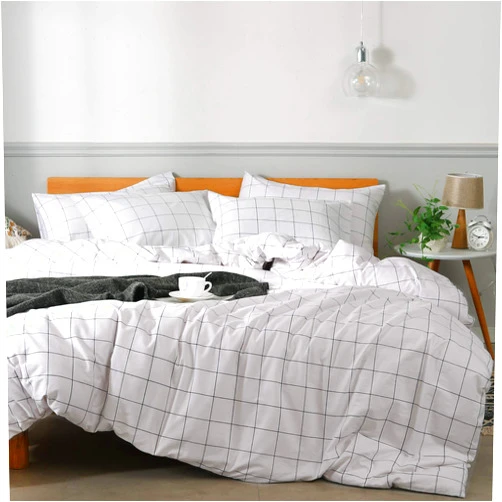 JELLYMONI 100% Natural Cotton 3pcs Plaid Duvet Cover Sets,White with Black Grid Geometric Pattern Printed Comforter Cover,with Zipper Closure & Corner Ties(Queen Size)