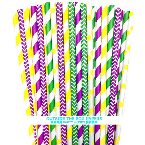 Outside the Box Papers Mardi Gras Theme Paper Straws- Purple Yellow Green White - Stripe Chevron Polka Dot - 7.75 Inches - 150 Pack - Outside the Box Papers Brand