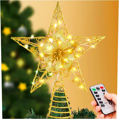 Verdenu Christmas Star Tree Topper, 40 LED Christmas Star Tree Topper Lighted Battery Operated, Flower Treetop Ornament with Remote Controlled for Indoor Xmas New Year Holiday Tree Decoration (Gold)