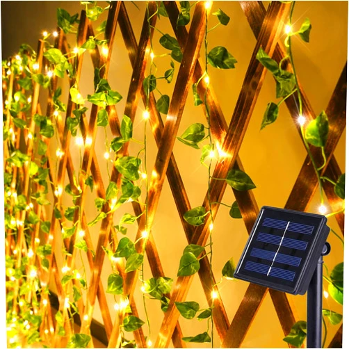 suddus Solar Fairy Lights, 33ft 100 Led Pothos Leaf Solar String Lights Outdoor Waterproof, 8 Modes Vines with Lights for Balcony, Deck, Patio, Garden, Fence,Wedding (Warm White)