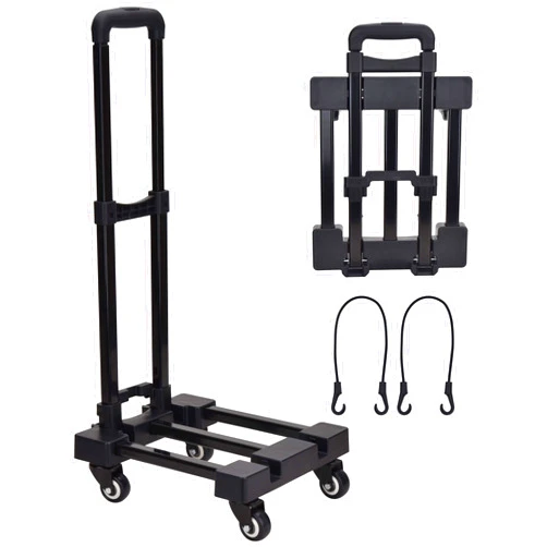 Lougnee Folding Hand Truck, 4 Wheels Fold Up Hand Cart with 2 Elastic Ropes, Portable Foldable 220 lbs Capacity Heavy Duty Luggage Cart, Utility Dolly Platform Cart for Car House Office Moving, Black