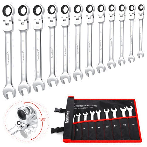 Towallmark 12-Piece Flex-Head Wrench Set, Ratcheting Combination Set, Metric 8-19mm, 72-Teeth,Cr-V Steel Ratchet Wrenches Set with Storage Bag for home/car/bike etc.