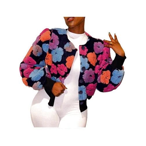 Aimiray Women's Cropped Floral Print Jacket Long Sleeve Fleece Warm Bomber Jacket Lightweight Button Down Coats