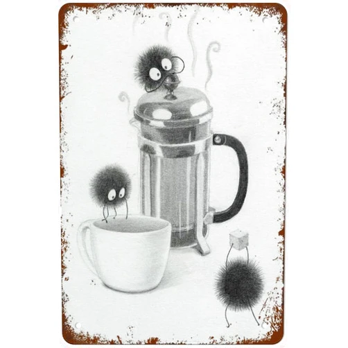 Nichpedr Coffee Tea Sprites Breakfast Nook Soot Sprite French Press Studio Ghibli Wal Retro Nostalgic Metal Aluminum Sign Wall Quote Living Room Bathroom Gym Gift for Friends Family Lady 8x12 Inch