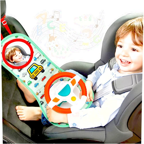 COVTOY Baby Car Seat Toys for Infants with Mirror Carseat Toys Steering Wheel with Music Lights Driving Sounds Car Seat Toy Baby Toys 6-12 Months