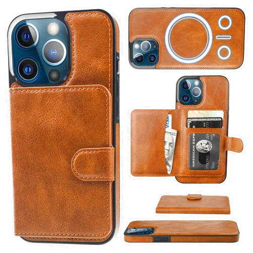 Bocasal Wallet Case for iPhone 13 Pro Compatible with MagSafe Magnetic RFID Blocking Detachable Premium PU Leather Flip Case with Card Slots Holder Kickstand Wireless Charging 6.1 Inch (Brown)