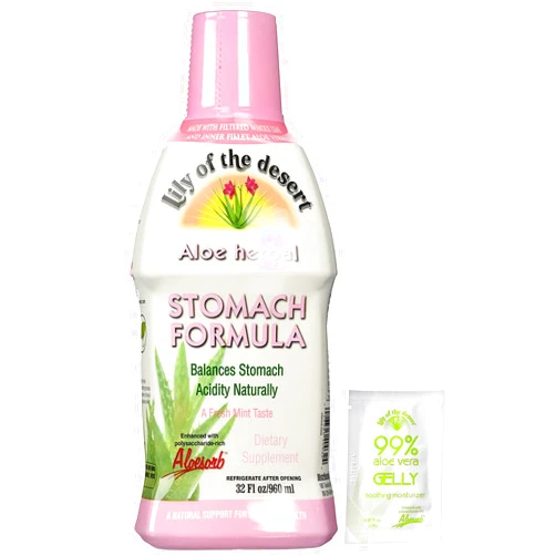 Lily of The Desert Stomach Formula, Organic Aloe Vera Juice with Slippery Elm, Chamomile, Peppermint, and Ginger for Gut Health, Acid Reflux, Heartburn Relief, 32 Oz, Gelly Sachet Included,1