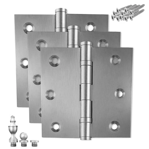 FINSBURY HARDWARE Solid Brass Door Hinge Heavy Duty Ball Bearing Matte Silver 3.5 x 3.5 Inch with Decorative Screw-on Tips Included - Set of 3 Hinges (Satin Nickel)