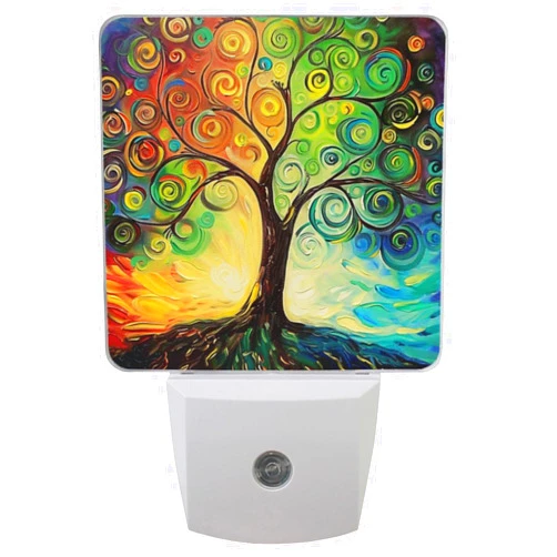 Vdsrup Rainbow Tree of Life Night Light Set of 2 Oil Painting Art Plug-in LED Nightlights Auto Dusk-to-Dawn Sensor Lamp for Bedroom Bathroom Kitchen Hallway Stairs