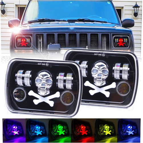 DOXMALL Pair 5x7 RGB Skull LED Headlights with Bone Pattern Compatible with Cherokee XJ Wrangler YJ GMC Dodge Truck