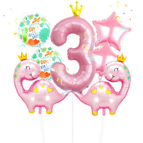 Lebeili 7pcs Pink Crown Dinosaur Balloons, Girl Birthday Number Mylar Foil Balloon, 3rd Birthday Party Supplies Decorations