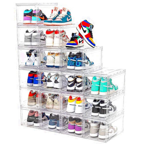 MMBABY 12 Pack Acrylic Clear Shoe Boxes– Ultra Clear Plastic Stackable Sneaker Storage For Sneakerhead. Professional Grade Shoe Display Case with Magnetic Door .Boots and Hat Organizer.Fits US Size 15