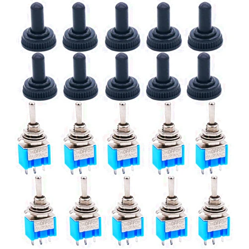 TWTADE / 10 Pcs Mini Toggle Switch ON/Off/ON 3 Position 3 Pins SPDT AC 125V 6A + 10 Pcs Waterproof Cap MTS-103