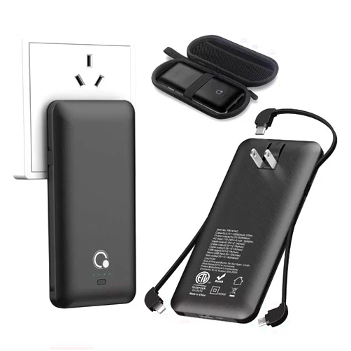 Q 10000mAh Power Bank, Slim Portable Charger,4 Output External Battery Pack with Built-in AC Wall Plug Micro USB C 3 Cables Compatible with iPhone Samsung Android Phone Tablet and More