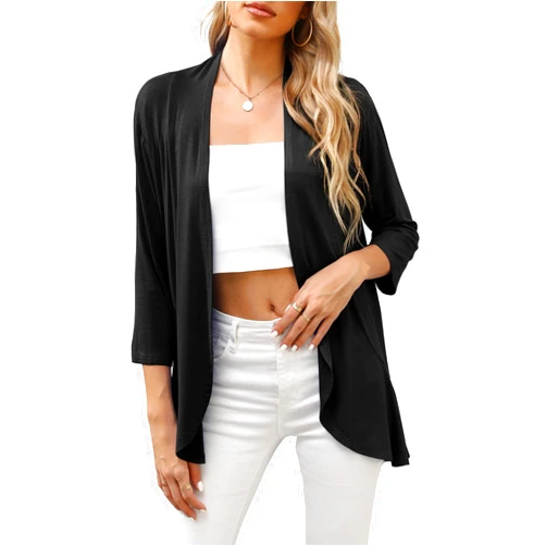 HIYIYEZI Women's Casual Lightweight Open Front Cardigans Soft Draped Ruffles 3/4 Sleeve Cardigan