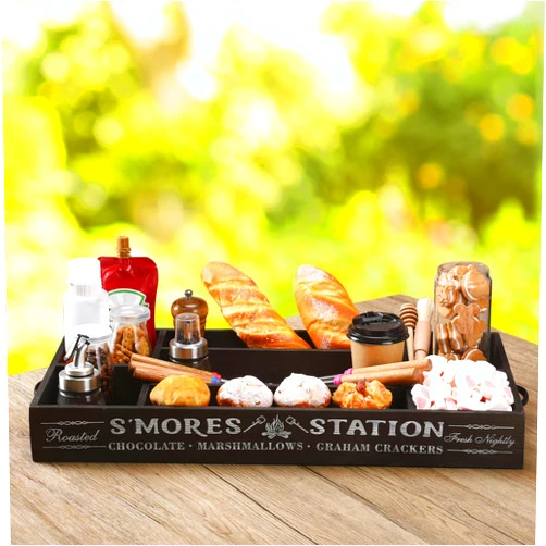 Cinnvoice S'mores Station Box 24 x 12 x 3 inch Large Smores Bar Holder Caddy with Handles Farmhouse Wooden Smores Tray Kit Serving Container Organizer for Kitchen Camping BBQ Party Decor