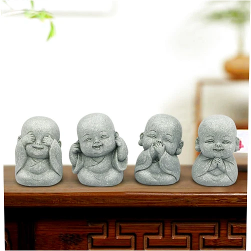 BEIZHAN 4Pcs Baby Buddha Statue Set - 2 Inch Mini Zen Monk Sandstone Figurines for Spiritual Decor, Feng Shui, Car Dashboard, Office Desk, Home & Living Room Decor with Blessing Amulet