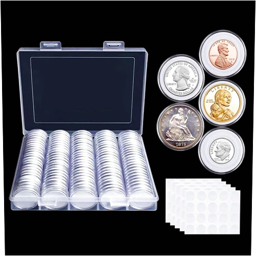 Suremita 100 Pieces 30mm Coin Capsules Coin Holders for Collectors, with Foam Gasket and Plastic Storage Organizer Box, 5 Sizes (17/20/25/27/30mm) Coin Case for Coin Collection Supplies