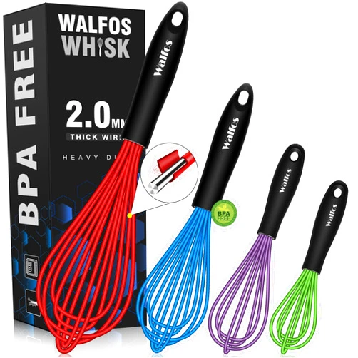 Walfos Whisk, Silicone Whisk Heat Resistant (480°F) Kitchen Whisks Set of 4- Professional Whisks For Cooking Non Scratch, Balloon Egg Wisk Perfect for Frothing, Blending, Beating