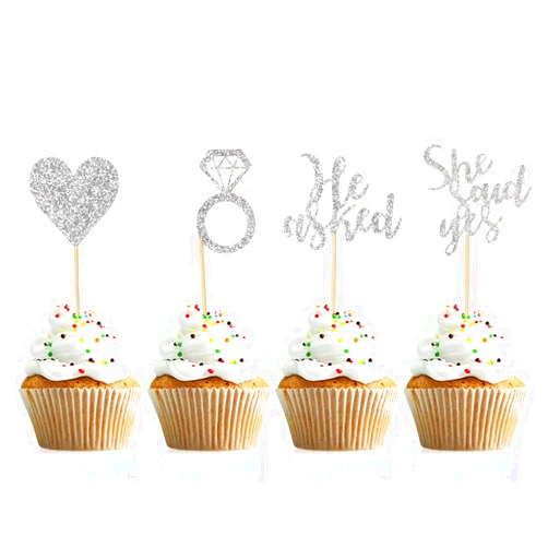 Donoter 48 Pcs Silver He Asked She Said Yes Cupcake Toppers Diamond Ring Heart Cake Picks for Wedding Engagement Party Cake Decorations